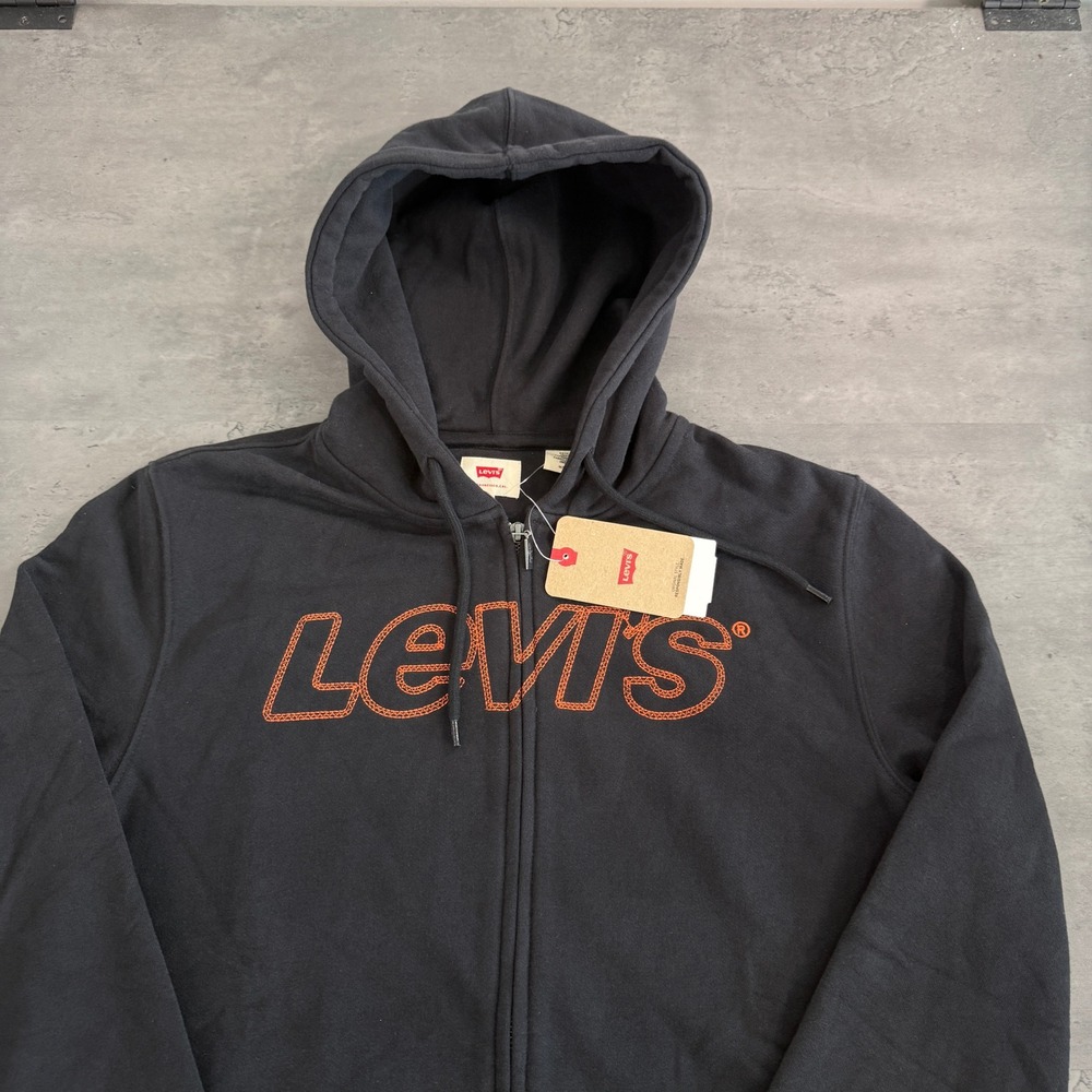 Levis Zip Hoodie Mens Medium Black Orange Embroidered Logo Fleece Sweatshirt